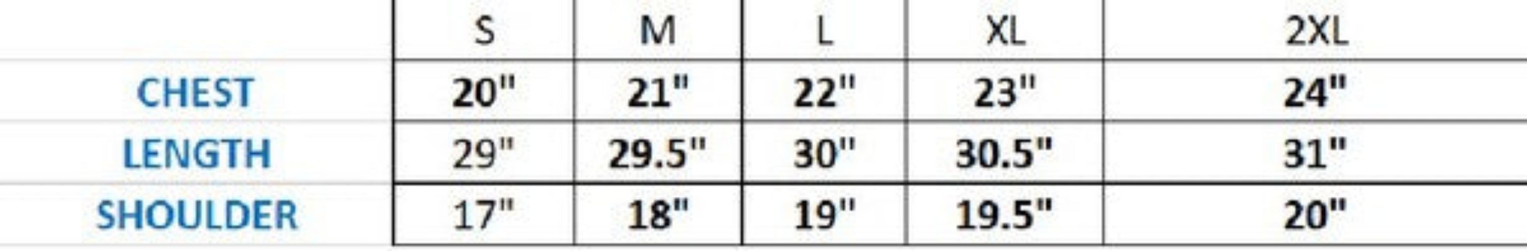Size chart showing chest, length, and shoulder measurements for men's shirts from Generation XYZ