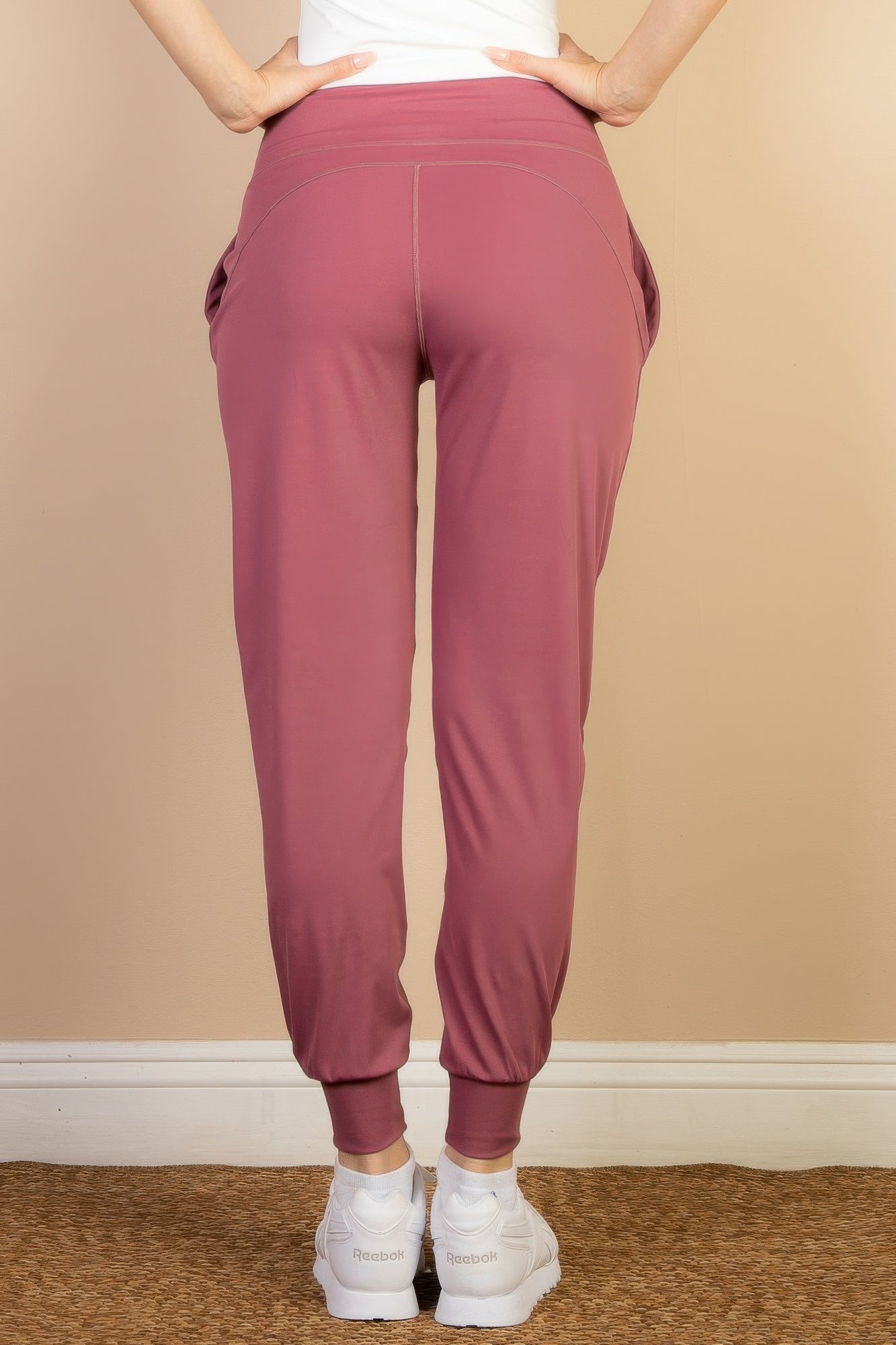 VacationGrabs women's comfortable travel joggers in mauve color with elastic cuffs and pockets