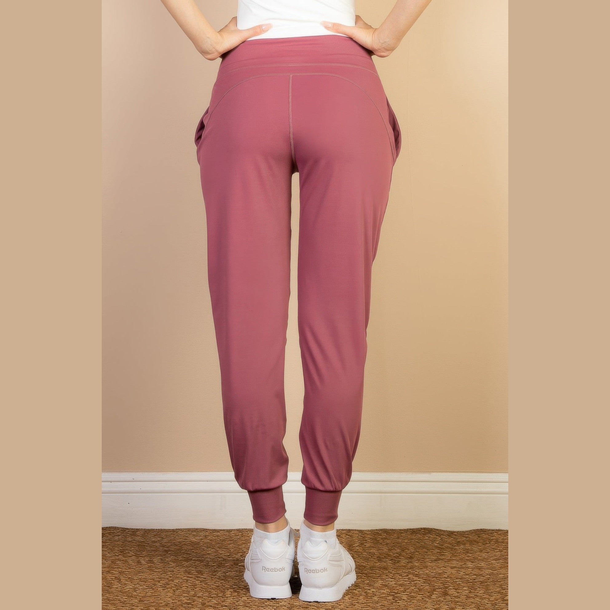 VacationGrabs women's comfortable travel joggers in mauve color with elastic cuffs and pockets