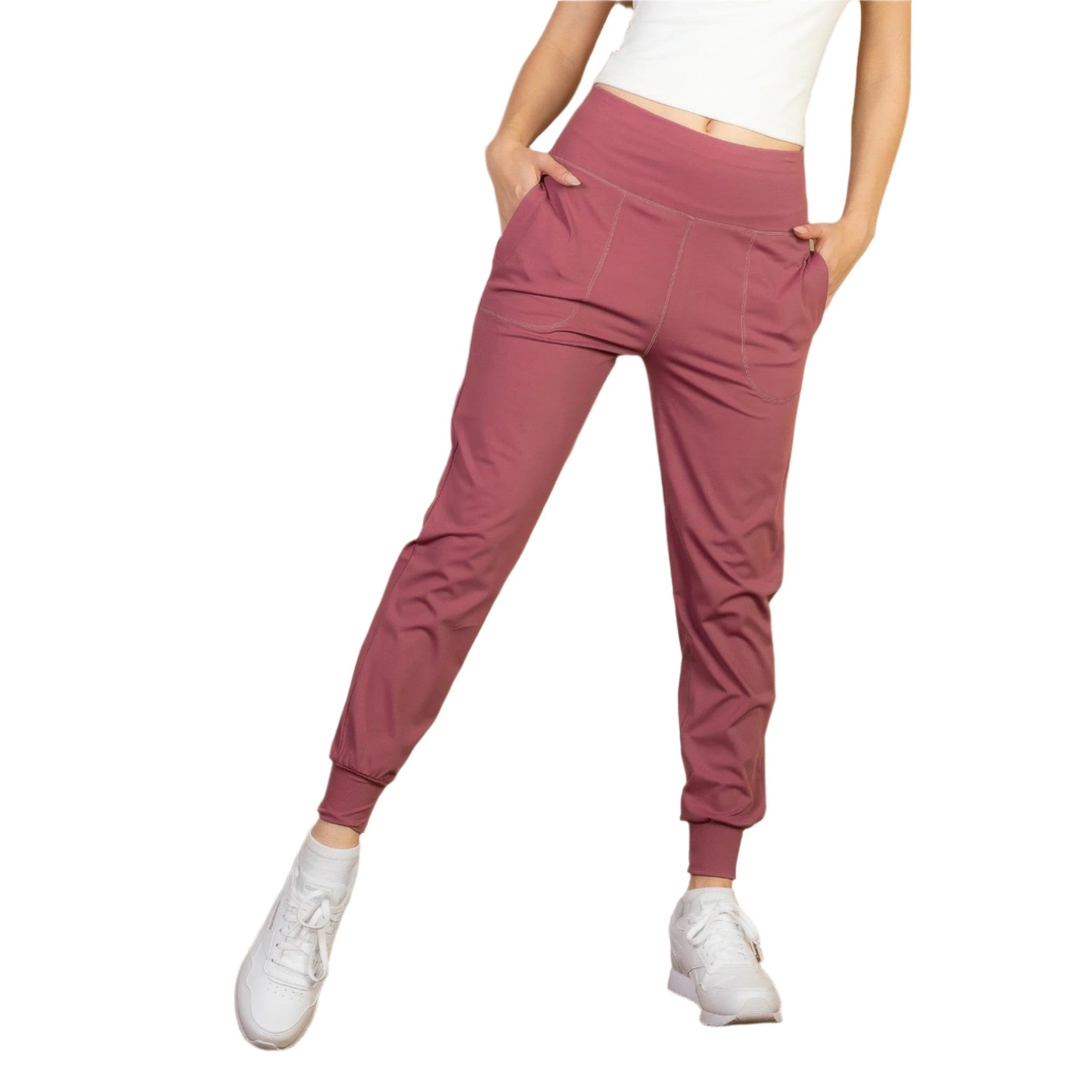 VacationGrabs women's comfortable travel joggers in mauve with high waist and cuffed ankles