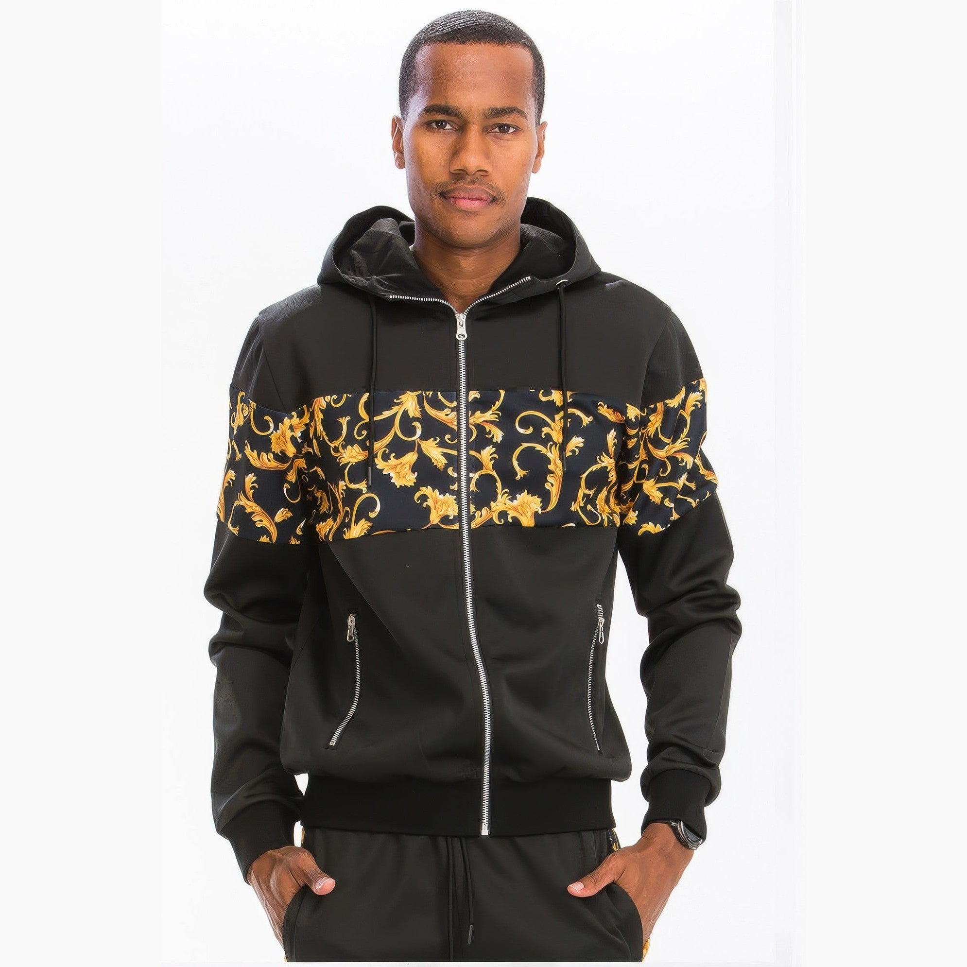 Men's 2PC Track Set in Black with Stylish Gold Pattern, a comfortable travel outfit for relaxed journeys