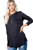 Black long-sleeve women's shirt by P & ROSE COLLECTION, ideal comfortable vacation tops for relaxed outings