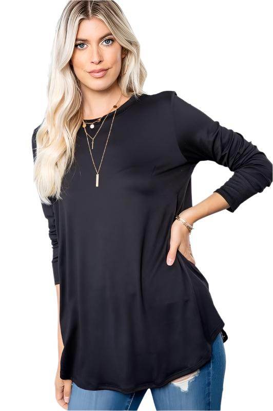 Black long-sleeve women's shirt by P & ROSE COLLECTION, ideal comfortable vacation tops for relaxed outings