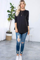 P & ROSE COLLECTION comfortable vacation tops in black with long sleeves, paired with distressed jeans