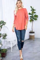 Women’s P & ROSE COLLECTION Comfortable Vacation Tops in Coral with Long Sleeves and Relaxed Fit