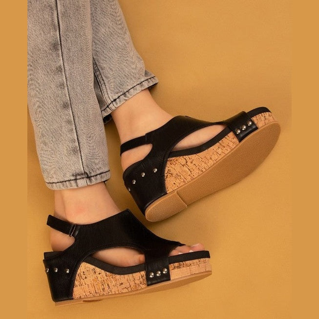 Maker's Shoes comfortable wedge sandals for women in black with cork sole and stud details