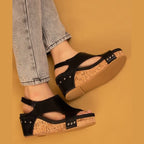Maker's Shoes comfortable wedge sandals for women in black with cork sole and stud details