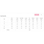Size chart in centimeters for YNIQUE comfortable womens travel clothing set including bust waist hip and inseam measurements