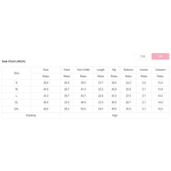 Size chart for comfortable womens travel clothing set showing bust waist hip and length measurements in inches