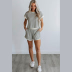 Comfortable womens travel clothing set by YNIQUE featuring striped short sleeve top and matching shorts