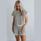 Comfortable womens travel clothing set by YNIQUE featuring a striped short sleeve top and matching shorts