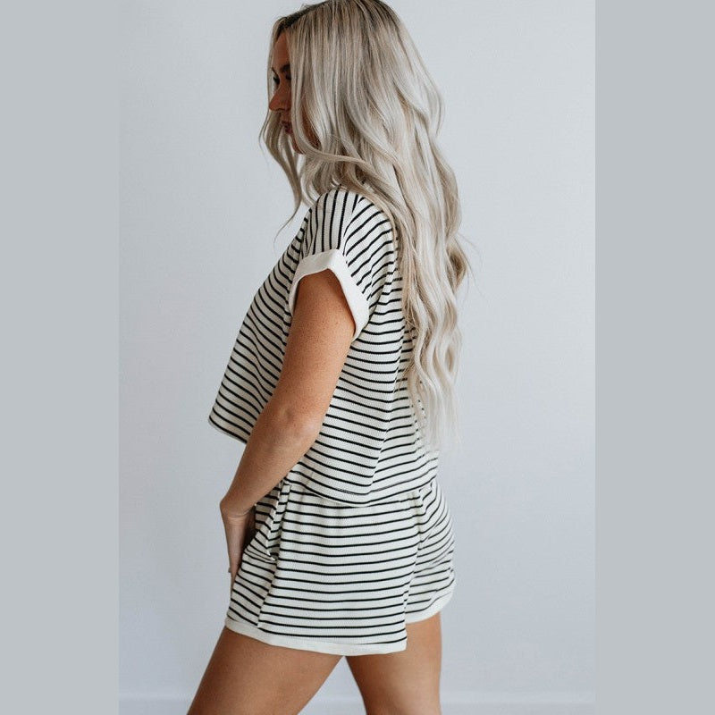 YNIQUE comfortable womens travel clothing set striped short sleeve top and shorts outfit