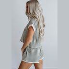 YNIQUE comfortable womens travel clothing set striped short sleeve top and shorts outfit