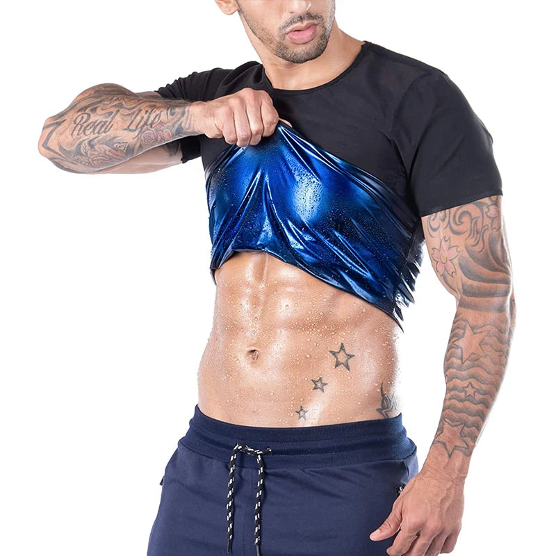 Men's compression shirt in blue material for workouts and fitness