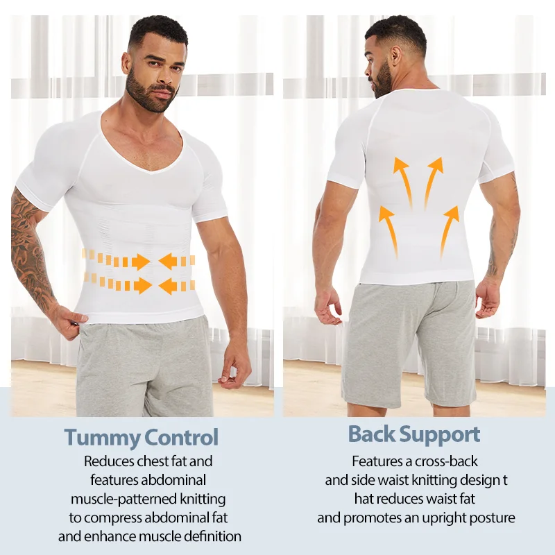 Men's white compression shirt for abdominal support and shaping