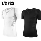 Men's compression shirt, black and white, moisture-wicking fabric for workouts