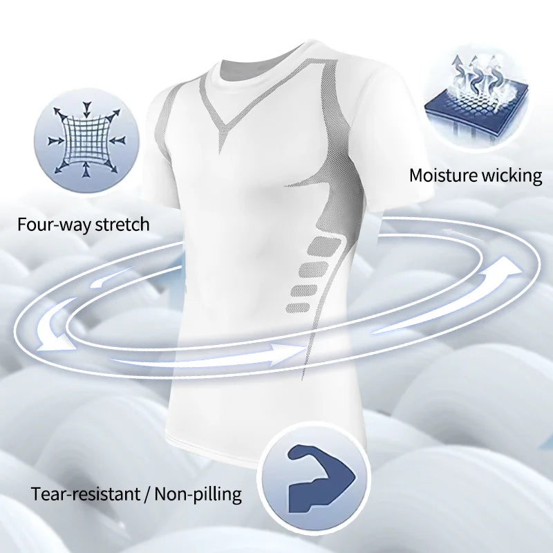 Men's white compression a shirt, moisture-wicking fabric for athletic use