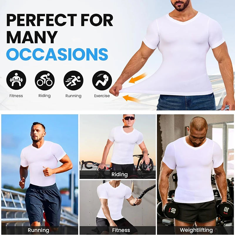 Men's white compression shirt for fitness, running, and exercise