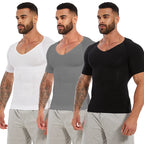 Men's compression shirt set in black, grey, and white for athletic support