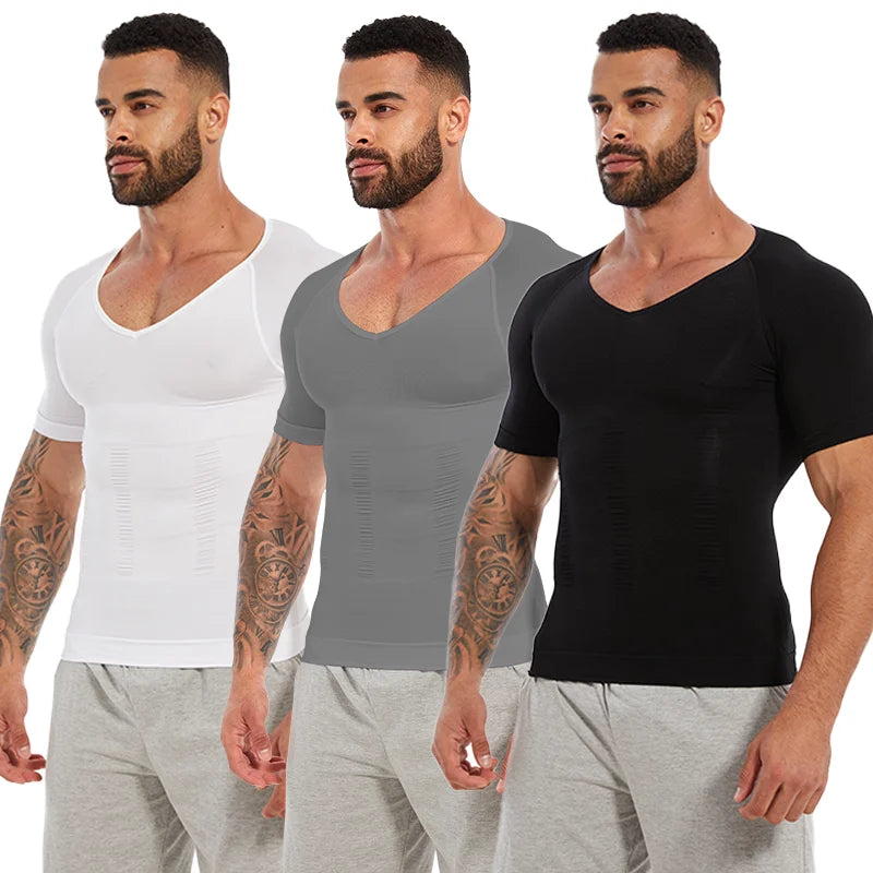 Men's compression shirt set in black, grey, and white for athletic support