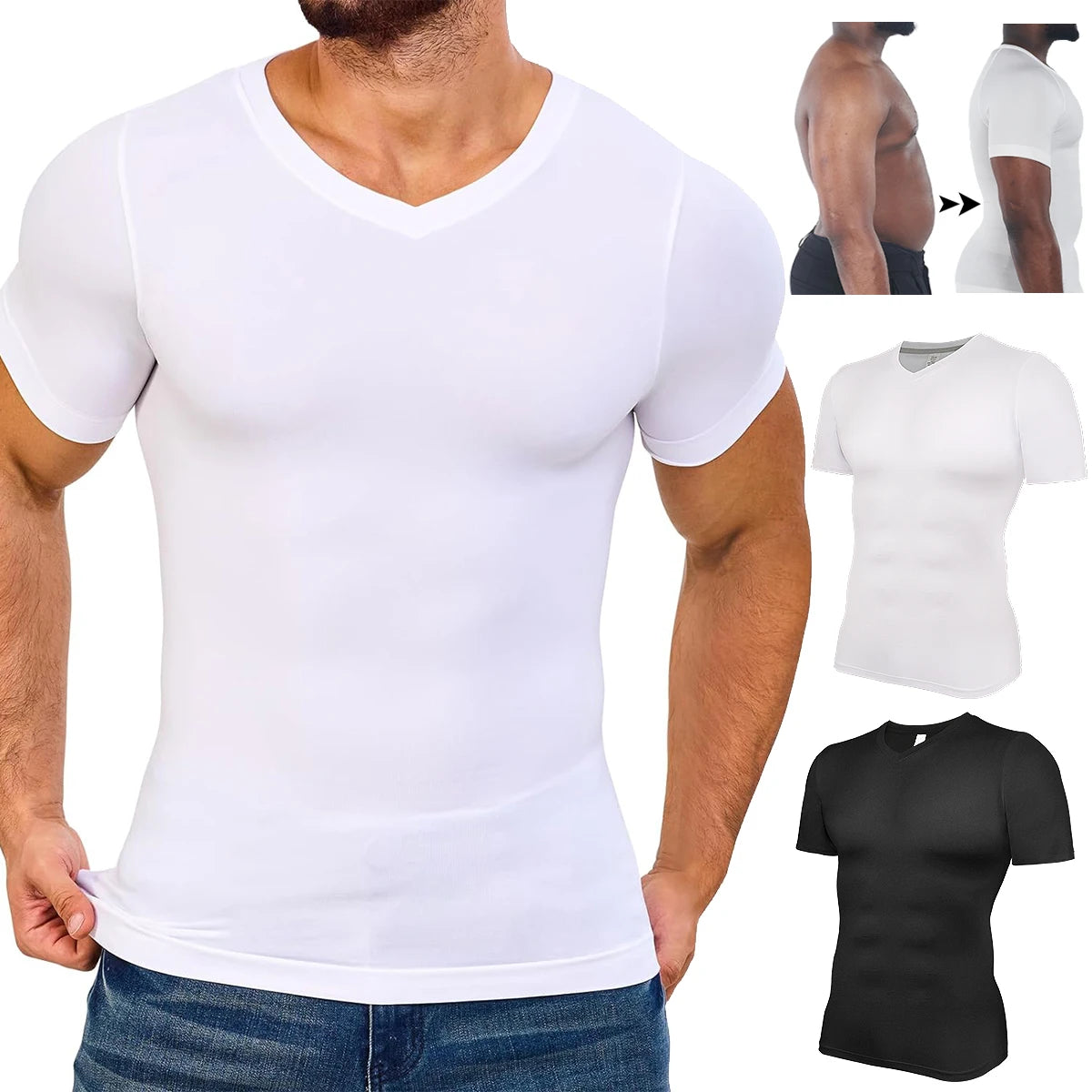 Men's white compression shirt, stretchy material for active wear