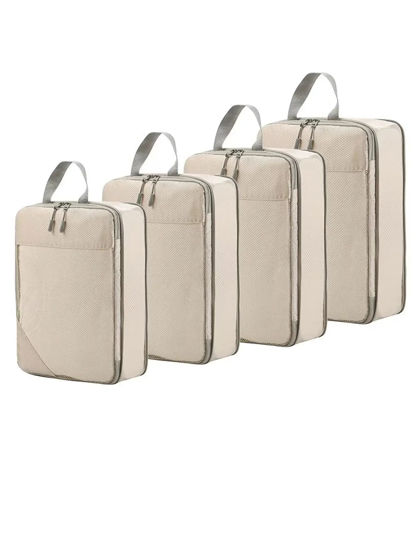 Beige compression packing cubes for travel, lightweight fabric and organized storage