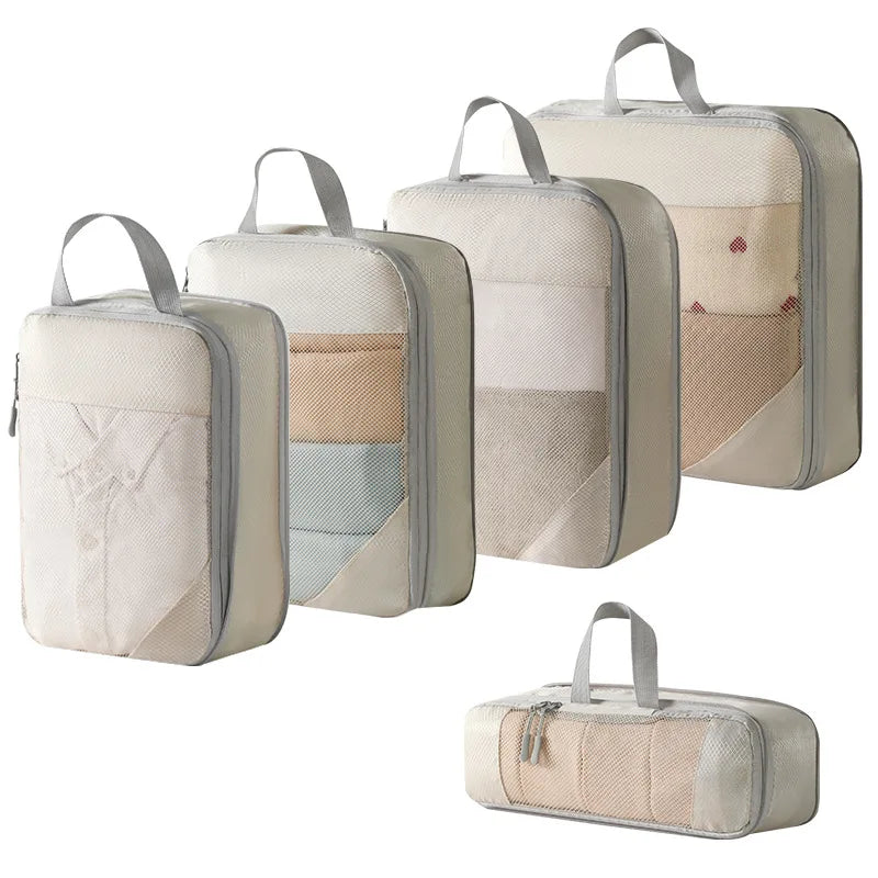 Set of compression packing cubes for travel, lightweight fabric, easy organization