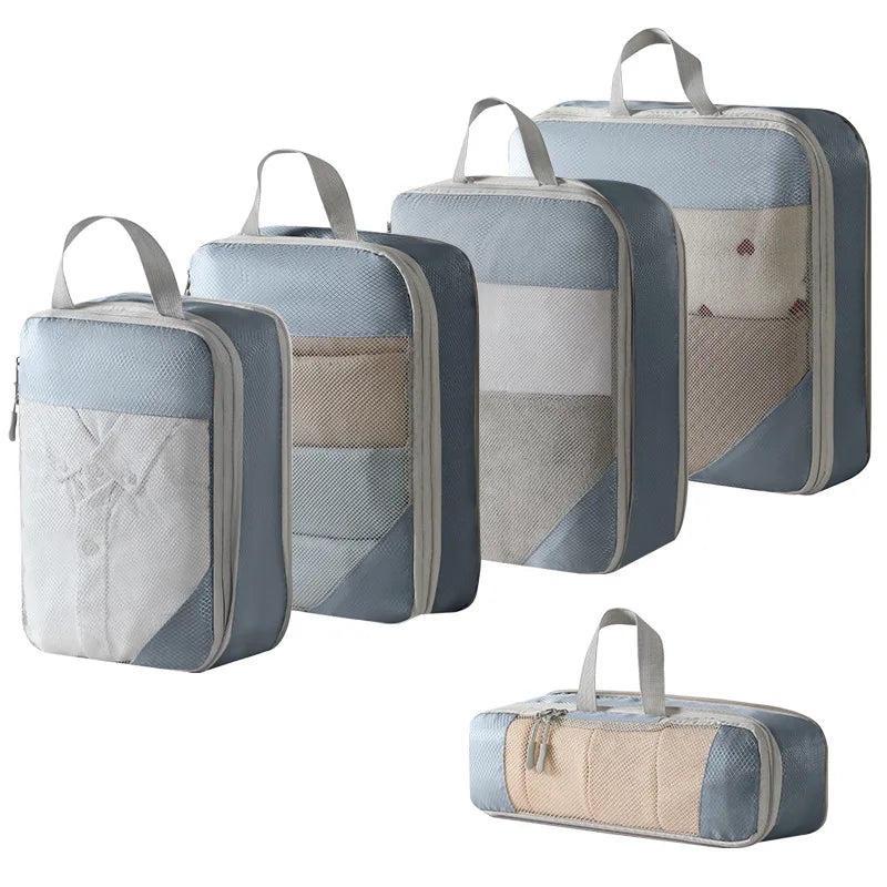 Set of compression packing cubes for travel, blue and gray, lightweight fabric