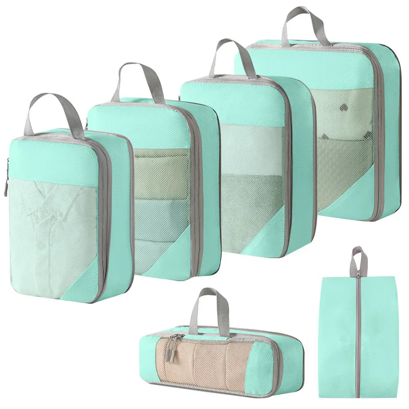 Mint green compression packing cubes for travel, lightweight and durable