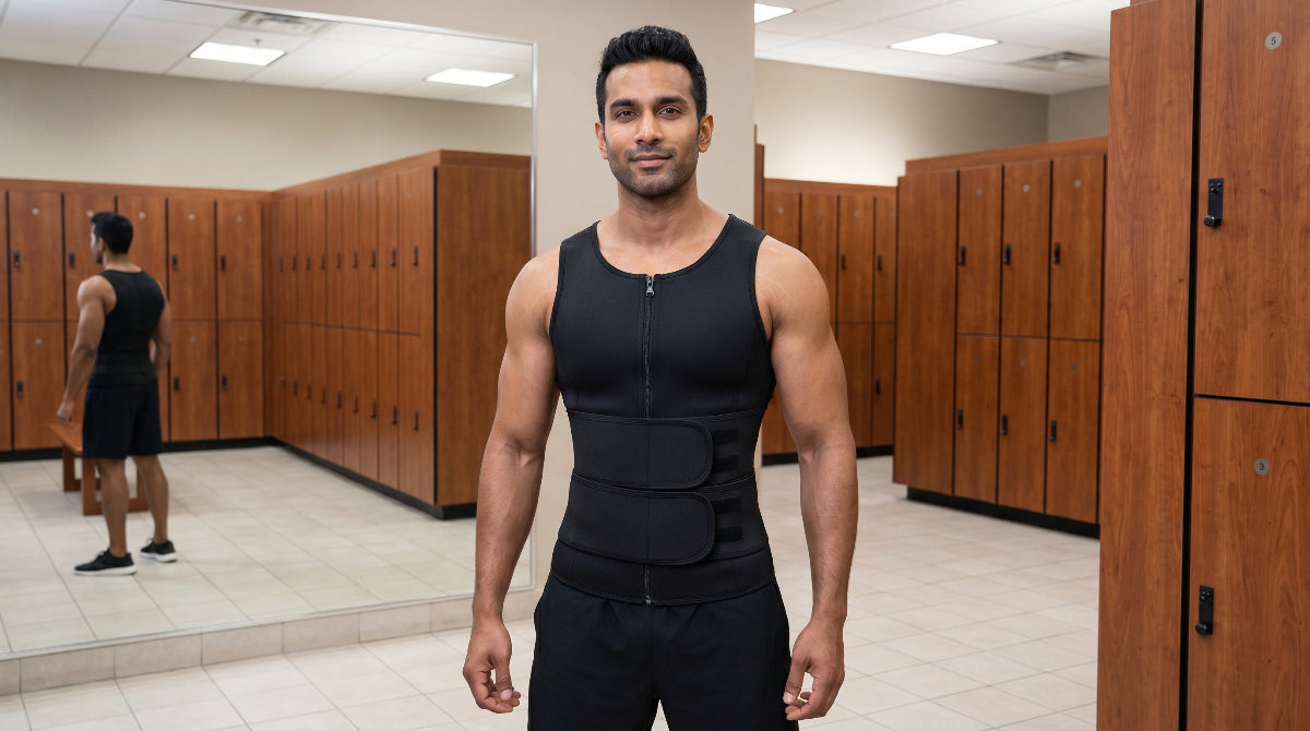 Man wearing black compression waist trainer standing confidently in gym locker room, cinematic landscape view
