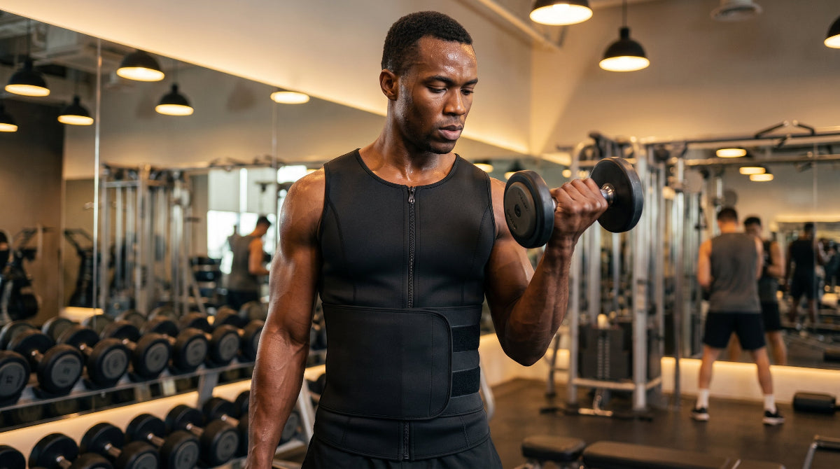 Man wearing black zip compression waist trainer performing dumbbell curl in gym, cinematic landscape view
