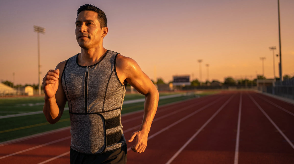 Man wearing gray compression waist trainer running on outdoor track at golden hour, cinematic landscape view
