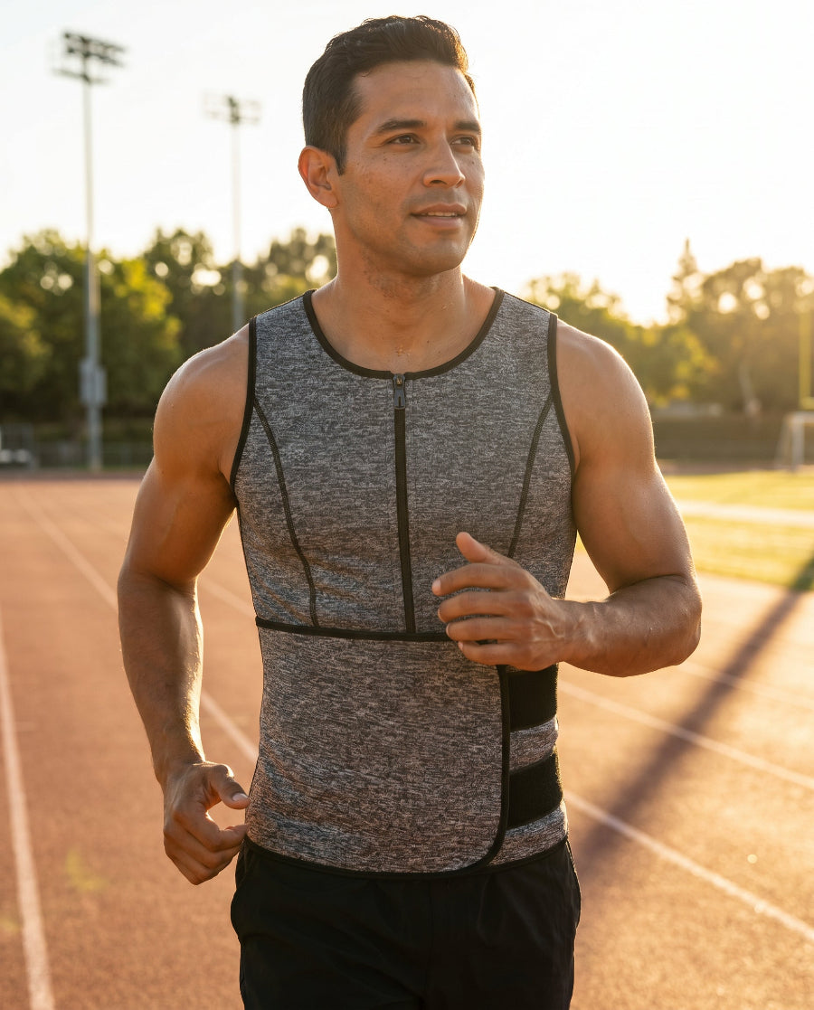 Man wearing gray compression waist trainer running on outdoor track at golden hour