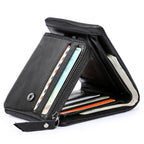Black leather wallet for men with multiple card slots and zipper compartment