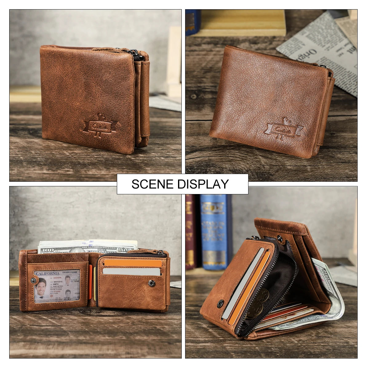 Brown leather wallet for men with multiple card slots and coin pocket