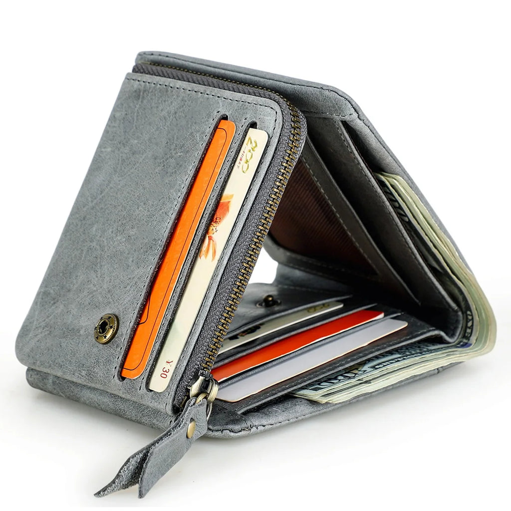 Gray leather wallet for men, featuring card slots and zipper compartment