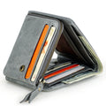 Gray leather wallet for men, featuring card slots and zipper compartment