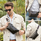 Women's leather waist bag in black, ideal for travel and hands-free use