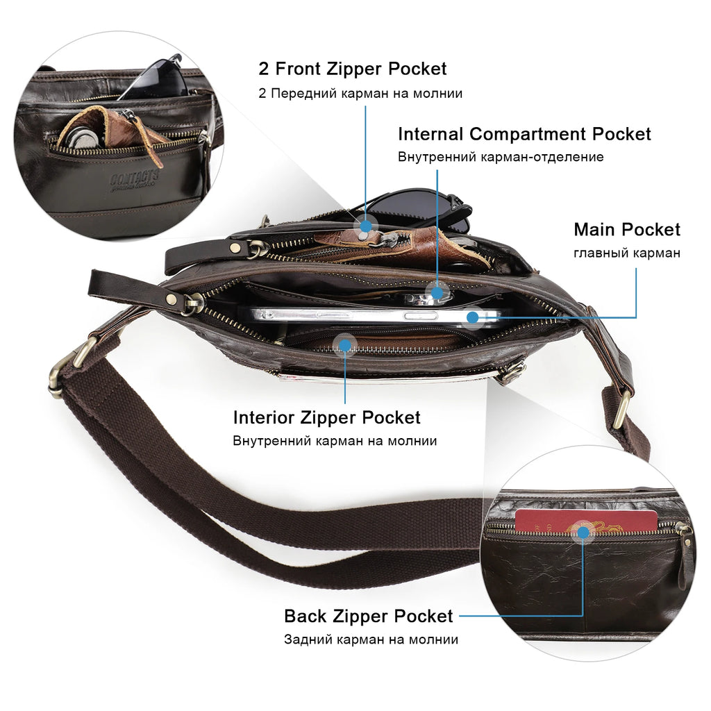Women's leather waist bag in brown with multiple pockets for convenience