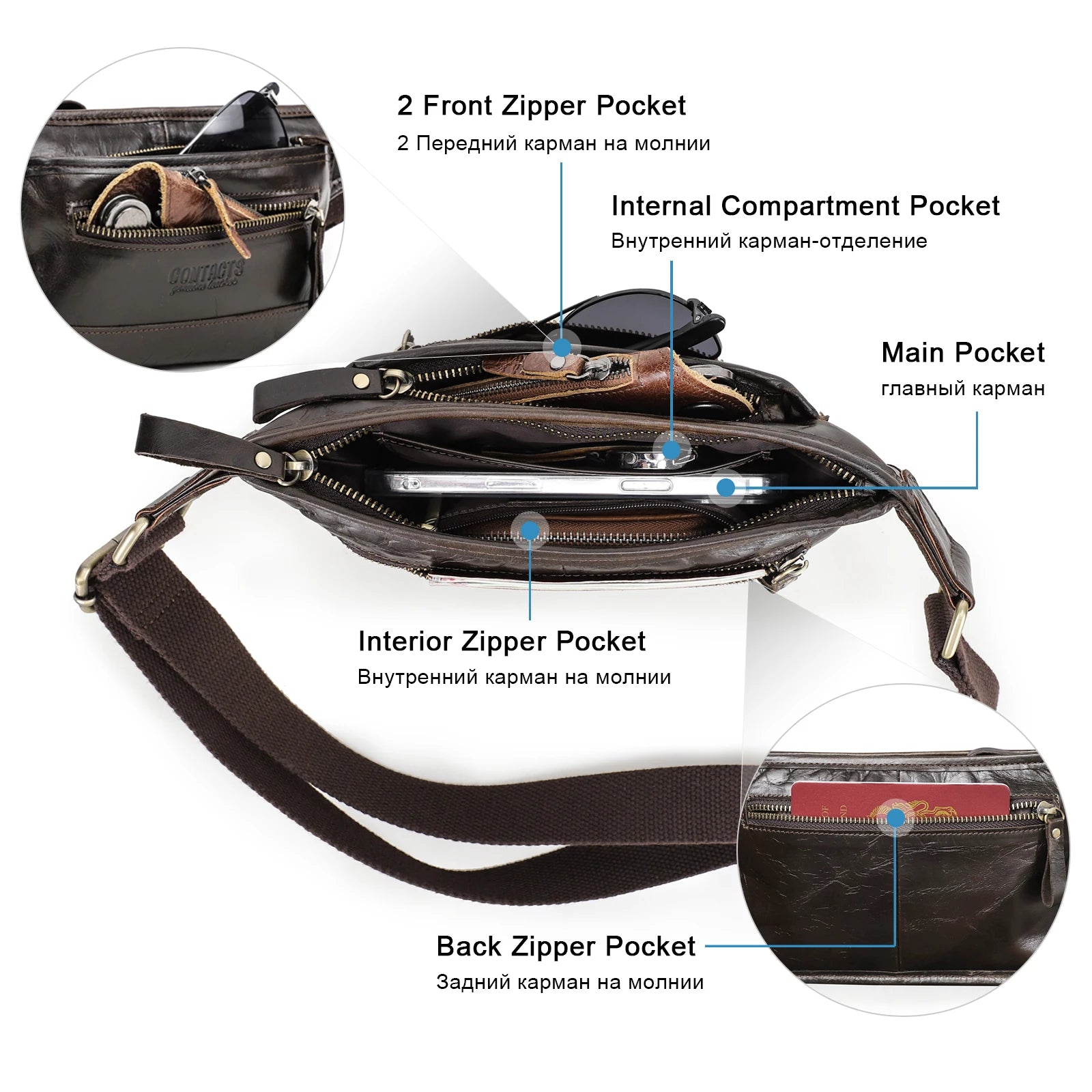 Women's leather waist bag in brown with multiple pockets for convenience