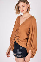 Mustard Seed Women's Shirt in Rust with V-Neck and Ruched Detailing, perfect for contemporary vacation tops
