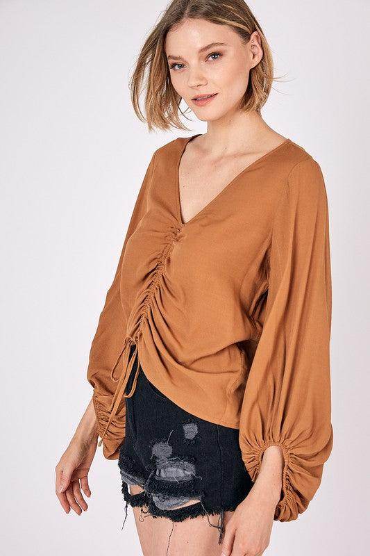 Mustard Seed Women's Shirt in Rust with V-Neck and Ruched Detailing, perfect for contemporary vacation tops