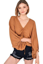 Mustard Seed Women's Contemporary Vacation Tops in Brown with Ruched Detail and Loose Sleeves