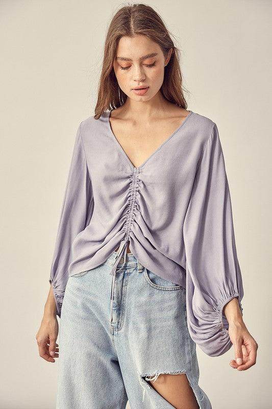 Mustard Seed Women's Lilac Contemporary Vacation Tops with Ruched Front and Billowy Sleeves