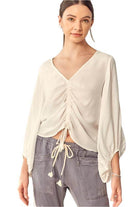 Mustard Seed Women's Contemporary Vacation Tops with V-Neck and Adjustable Drawstring Design