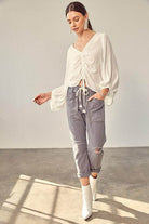 Mustard Seed Women's Contemporary Vacation Tops in White with Stylish Ruched Design and Comfortable Fit