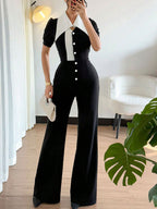 Black/White Fashionable Button-Down Wide Leg Jumpsuit