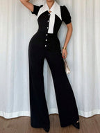 Black/White Fashionable Button-Down Wide Leg Jumpsuit