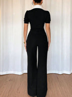Black/White Fashionable Button-Down Wide Leg Jumpsuit