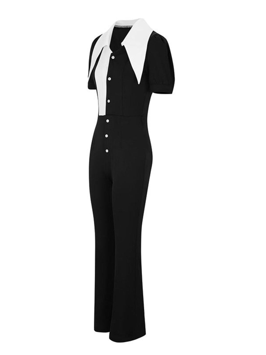 Black/White Fashionable Button-Down Wide Leg Jumpsuit